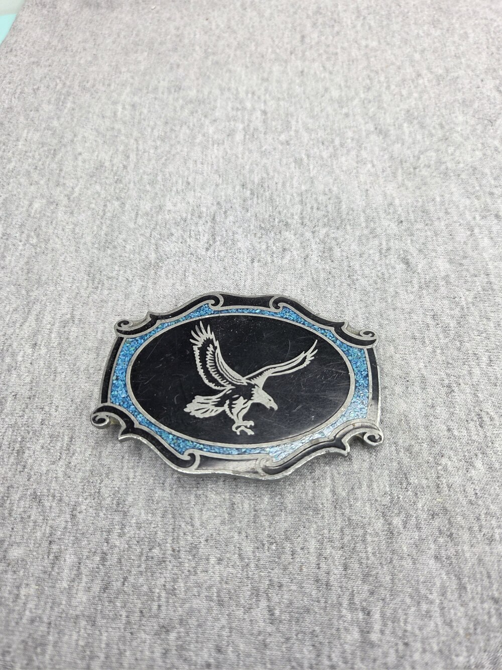 Vintage Eagle Belt Buckle Black Enamel Crushed Turquoise Inlay Western Oval
